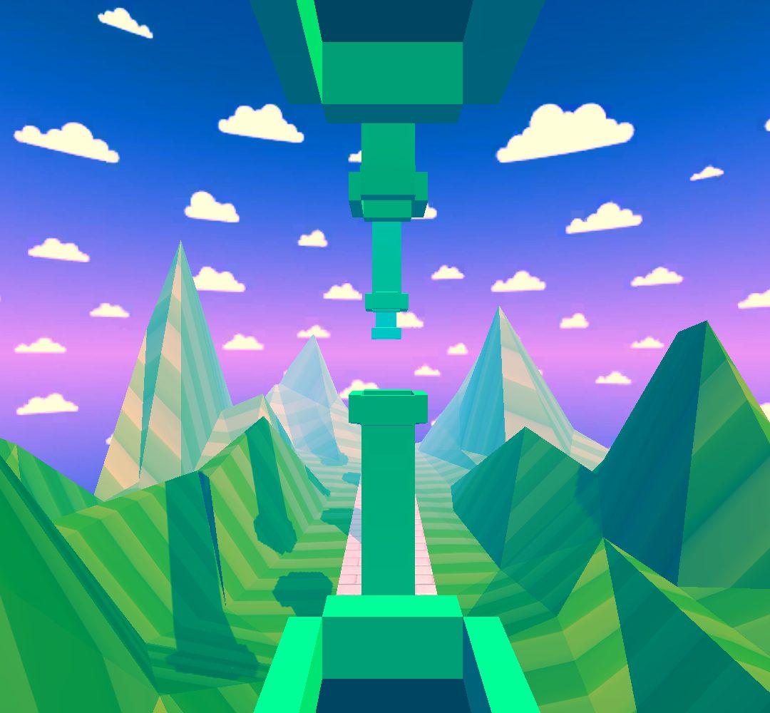 Gameplay in the Classic world: looking down a corridor of green pipes, with low-poly mountains and pixel clouds in a blue and pink sky.