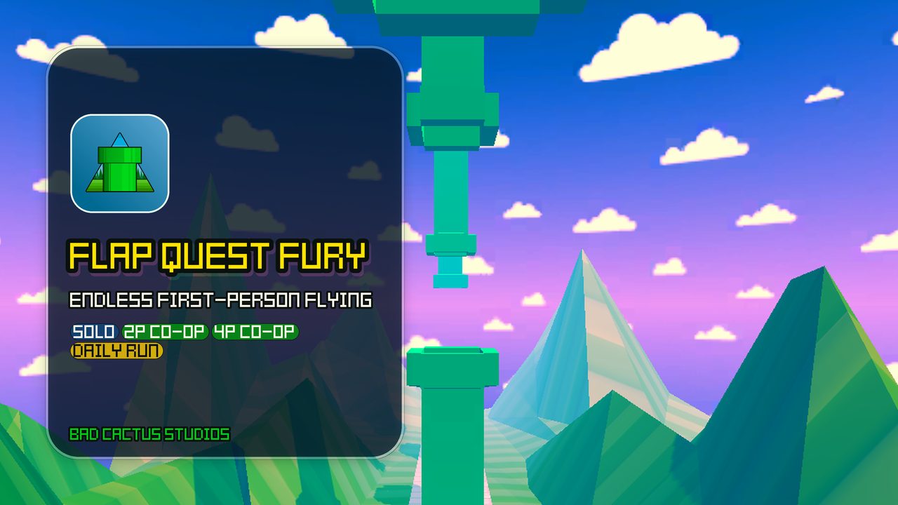Android TV banner: Flap Quest Fury with mode badges for solo, 2-player co-op, 4-player co-op and the daily run.